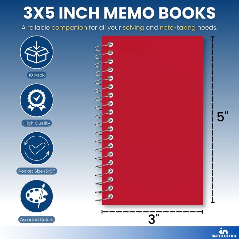 1InTheOffice Wirebound Spiral Memo Books, Memo Pads, 3" x 5", College Ruled, Small Notepad 3x5, Assorted, 75 Sheets/Pad, 10 Pads/Pack - Image 2